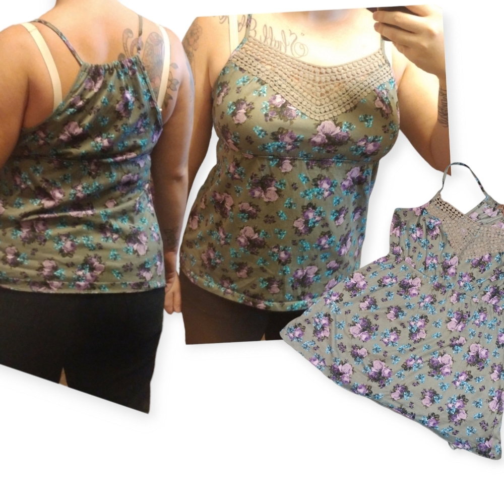 Decree • Floral Y2k Taupe Babydoll Crochet Flowy Tank Top Womens Large Juniors